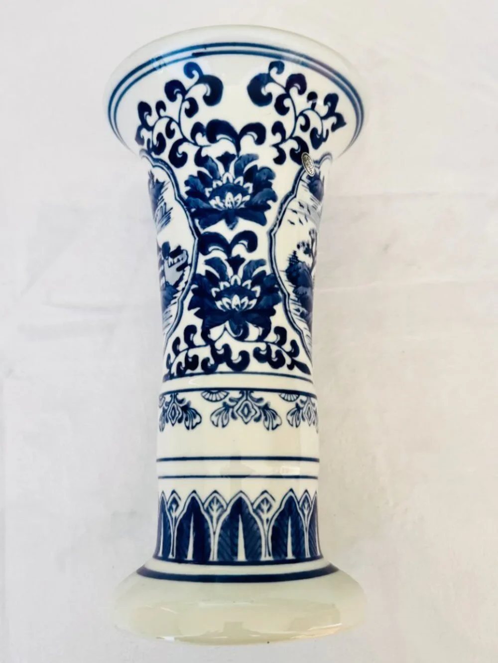 Vtg Chinese 1950s Chinoiserie 10" Vase Cobalt Blue White Porcelain Flower Vase - Picture 2 of 6